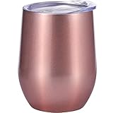 Skylety 12 oz Double-insulated Stemless Glass Wine Tumbler, Stainless Steel Tumbler Cup with Lids for Coffee, Drinks, Champagne, Cocktails (Bright Rose Gold)