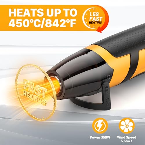 SEEKONE Mini Heat Gun 2 Temperature 260℃/450℃, 350W Handheld Hot Air Gun Tool 1.5S Fast Heating with Overload Protection, Non-Slip Rubber Body, Nozzle for Craft Embossing, Shrink Wrapping