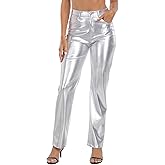 HDE Women's Shiny Metallic Faux Leather Pants High Waisted Straight Leg Trousers