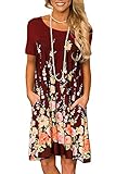 Minipeach Women's Floral Print Crew Neck T-Shirt Dresses with Pockets