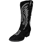 Fomoti Women's Western Cowboy Boots - Embroidered Ankle Booties with Chunky Block Heel, Side Zipper Suede Cowgirl Boots for Country Concert