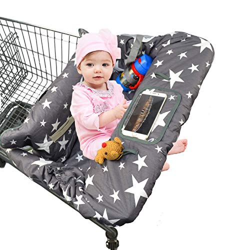 Cotton Shopping Cart Cover for Baby, Toddler High Chair Cover with Cell Phone Carrier-Summer Grocery Cart Cushion for Boy or Girl Large Size Star Print