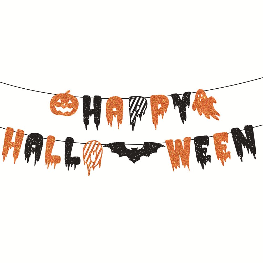 Halloween Party Banner Reusable Bloody Scary Hanging Banner Halloween Decorations for Bloody Party Glitter Black and Orange