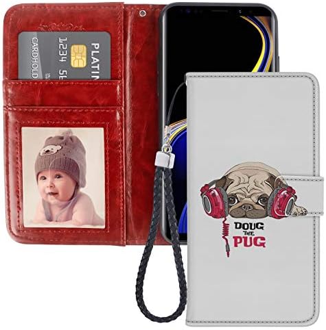 Pug Listening The Music Samsung Galaxy Note 9 Case PU Leather Wristlet Folio TPU Stand Case with Card Slots Magnetic Closure Wrist Strap for Samsung Galaxy Note 9 Wallet Case Pug Listening The Music