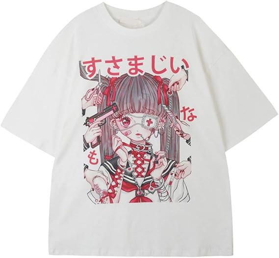 Amazon レディース ｔシャツ 半袖 原宿系 すさまじい 少女 プリント かわいい アニメ 図案 カジュアル ゆったり トップス 大きいサイズ Tシャツ カットソー 通販