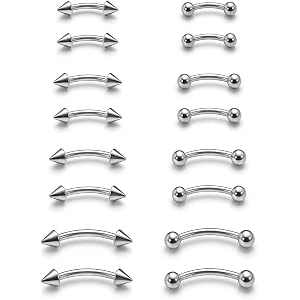 CABBE KALLO 16-Piece 16G Curved Barbell Eyebrow Rings, Ball/Spike, 6-12mm | Hypoallergenic 316L steel with 3mm ball and spike