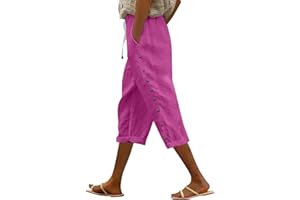ZCJBWWHF Capri Pants for Women Summer High Waist Elastic Straight Leg Lounge Pant Lightweight Side Button Beach Trousers