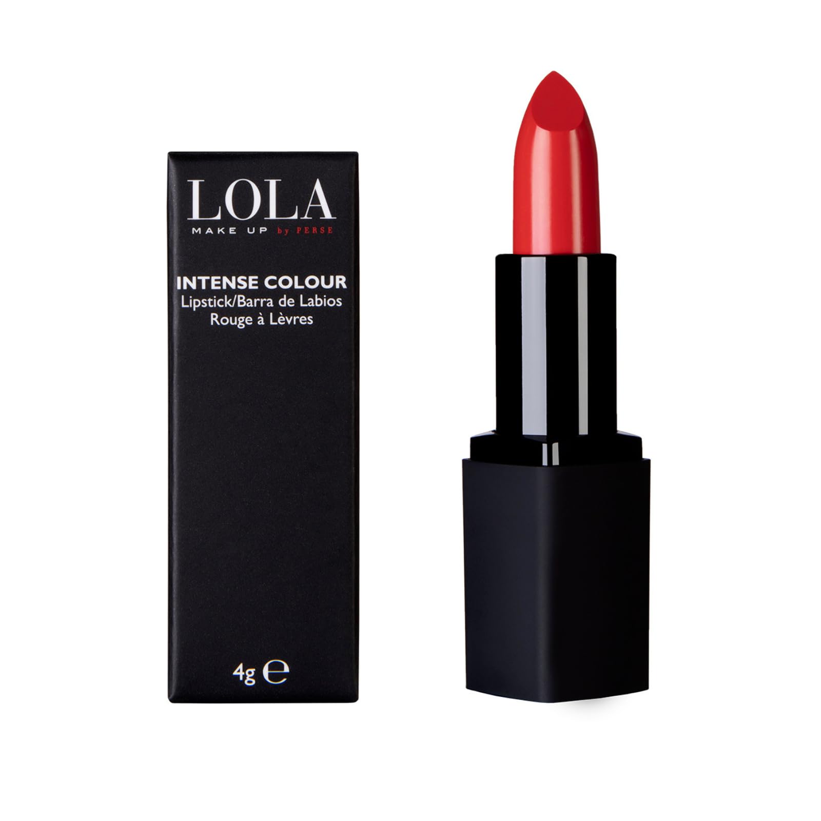 LOLA Make Up by Perse Intense Colour Lipstick – Glossy Finish, Full Coverage, Ultra-Rich Pigments, Creamy Hydrating Formula, Infused With Vitamins E & C, Vegan & Cruelty-Free – 004-Blossom Red