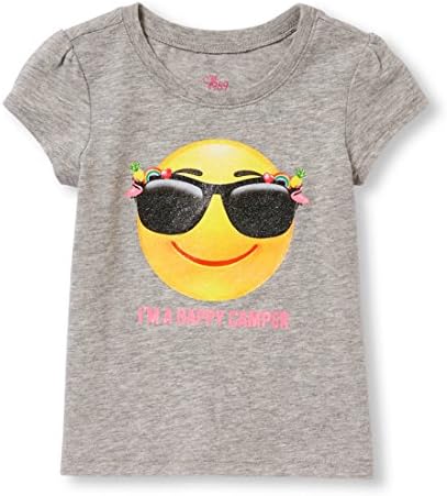 Baby Girls T-Shirt: Im a Happy Camper Emoji Glitter Tee - Heather Grey (6-9 Months)