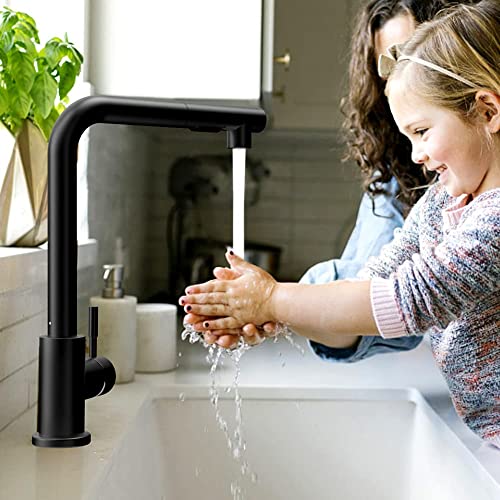EYSCOTA Küchenarmatur, Spültisch-Mischbatterie aus massivem Messing mit Pull-Down-Sprayer, Einhebel-Einloch-360 ° -Spültischarmatur kalt und heiß, mattschwarz