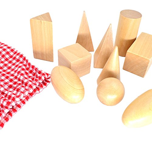 Geometry Solids in Mystery Bag - 3D Shapes Miniature Set -Wooden Montessori Toys - Pack of 10pcs - Ages 3 and Up