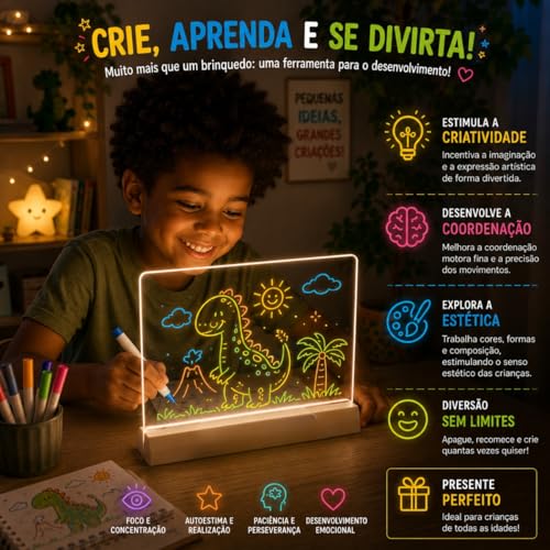 Quadro de Desenho Luminária LED para Escrita com 7 Canetas – Lousa de Mesa para Anotações em Acrílico com Efeito 3D