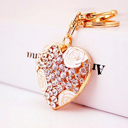 BOGOFOU Sweet Love Heart Rose Flower Crystal Charm Pendant Purse Bag Key Ring Chain Gift