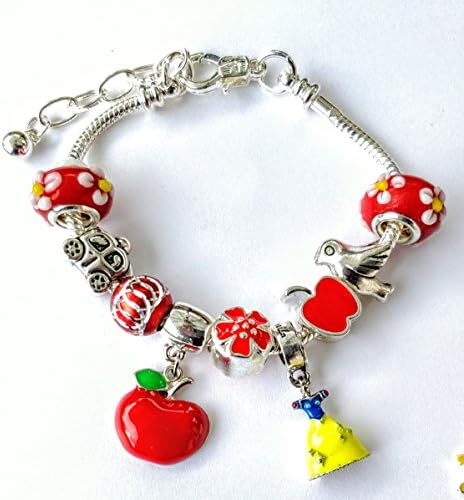 Snow White Dress Red Apple Enamel Charm Beads European Style Bracelet Silver Plated