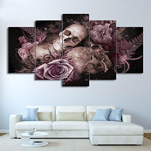 5 Piece Canvas Wall Art - Still Life Painting Photography with Sugar Skull and Roses Background - Modern Picture Home Decor Stretched and Framed Ready to Hang