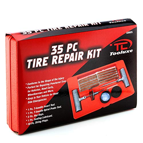 Tooluxe 50002L 35 Piece Tire Repair Universal Heavy Duty Tire Repair Kit with Plugs, Fix A Flat