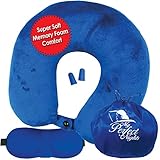 My Perfect Nights Premium Travel Neck Pillow Kit (Blue) Super Soft Memory Foam with Washable Cover Includes Ear Plugs and Sleep Mask