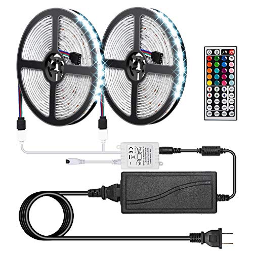 New Ver. Led Strip Lights, Kwanan 32.8Ft(10M) Led Light Strip Kit Waterproof DC12V 5050RGB 300leds Flexible Strip Lights with Double PCB 44Key Remote,Stronger 3M Sponge Adhesive Tape and 5A Adapter