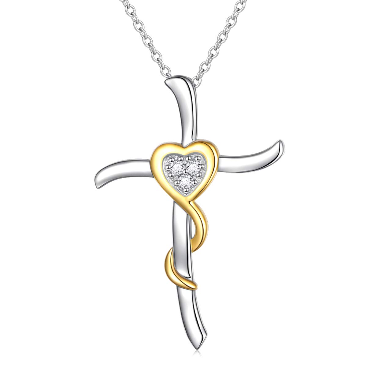 Flyow Easter Gifts CZ Gold Heart Cross Necklace for Women Girls 925 Sterling Silver Faith Hope Love Crucifix Necklaces, Adjustable Rolo Silver Chain 18+2 Inches