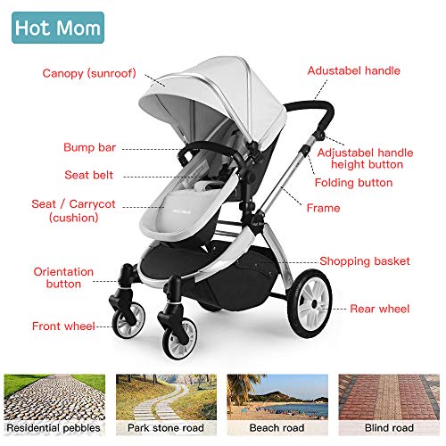 Infant Baby Bassinet Stroller,Hot Mom 2 in 1 Reversible and Convertible Baby Carriage,New PU Rubber Wheel,Anti-UV Canopy,X-Large Stroage Basket,Soft Down Cotton Fabric with 6 Gifts,Grey - Thumbnail 4