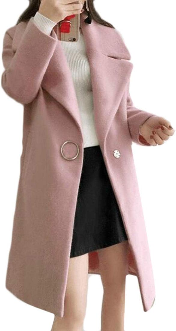 FRPE Women Notch Lapel Overcoat Mid Length Pure Color One Button Thick Pea Coat