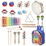 Sokoni Toy Wooden Kids Percussion Educational Musical Instrument Set for Children Preschool Toddlers with Xylophone Triangle Tambourine for Kids - Storage Backpack and Activity eBook BONUS (BLUE)