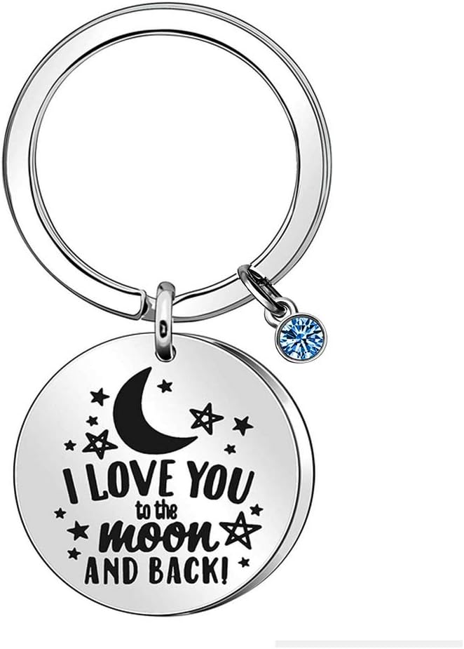 Suithink I Love You to The Moon and Back Keychain Stainless Steel 30mm Keyring Accessories Sky Blue Water Drill for Lovers Birthday Anniversary Mother's Day Gifts