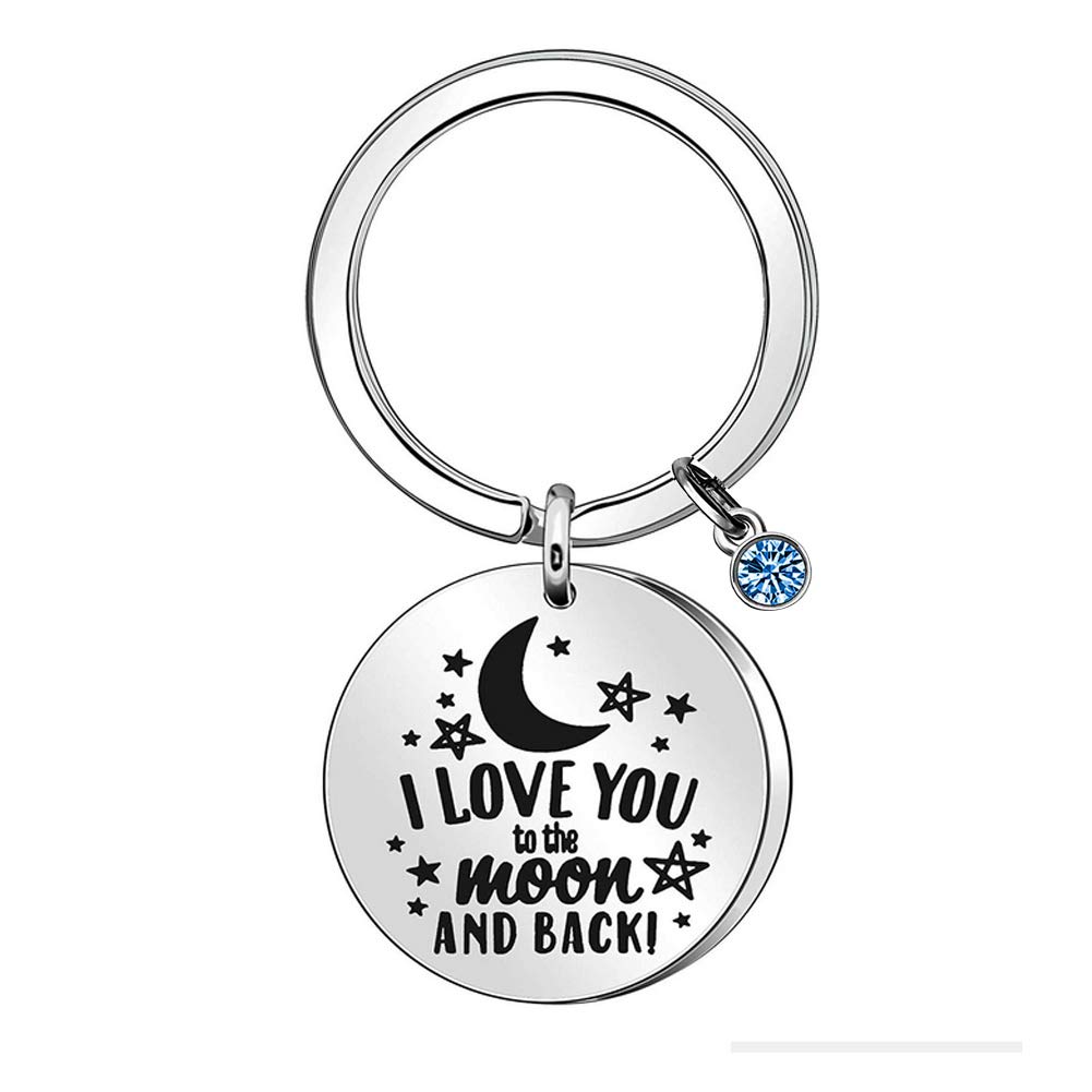Suithink I Love You to The Moon and Back Keychain Stainless Steel 30mm Keyring Accessories Sky Blue Water Drill for Lovers Birthday Anniversary Mother's Day Gifts