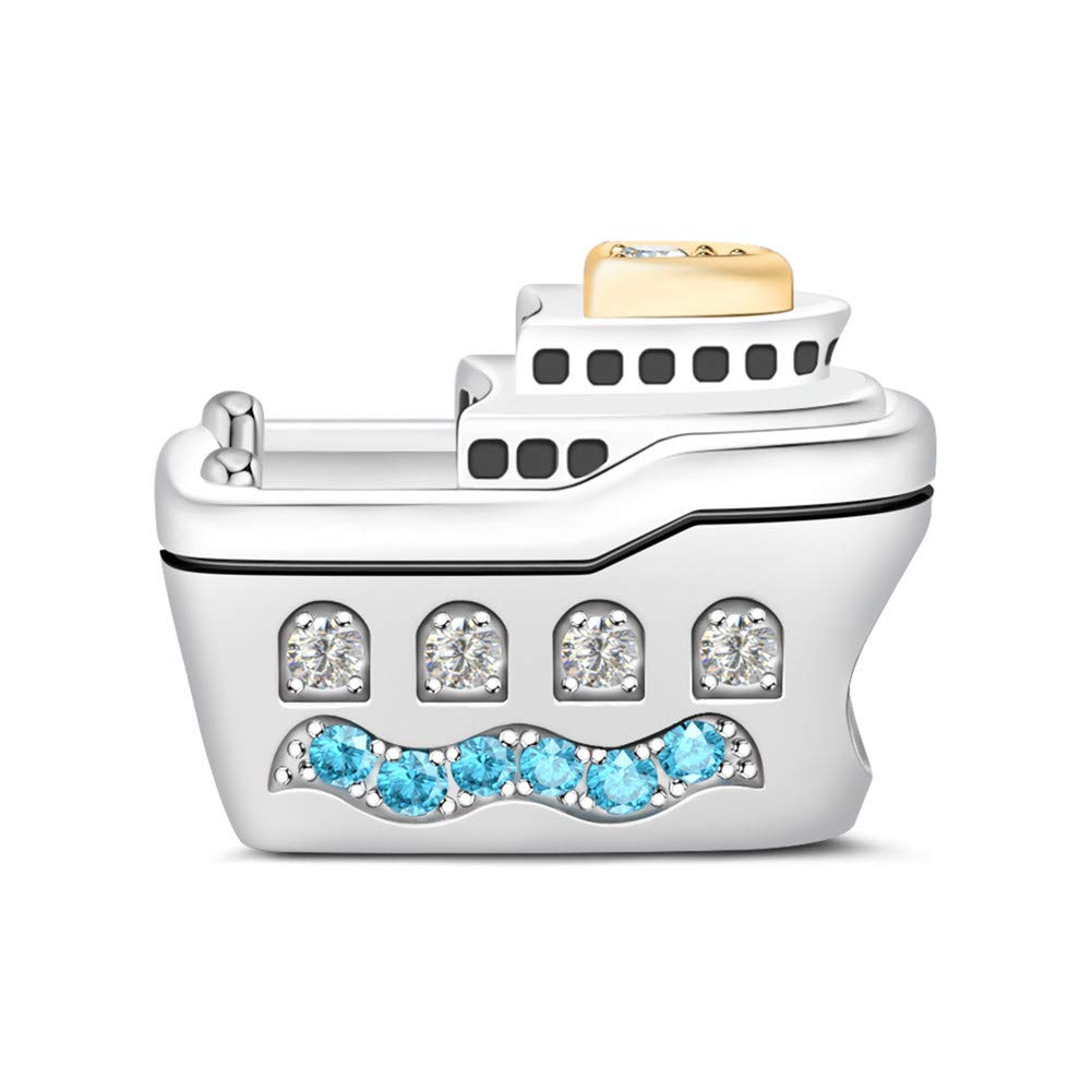 GNOCE Cruise Ship Charm Bead 925 Sterling Silver Guide Your Own Ship Charm with Aquamarine CZs Fit for Bracelet/Necklace Charm Gifts for Women Men