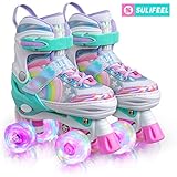 SULIFEEL Rainbow Unicorn 4 Size Adjustable Light up Roller Skates for Girls Boys for Kids - Large(3Y-6Y US)
