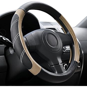 Elantrip Sport Leather Steering Wheel Cover 14 1/2 inch to 15 inch Universal, Padded Soft Grip Breathable for Car Truck SUV Jeep, Anti Slip Odorless Black and Beige