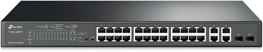 TP-Link T1500-28PCT (TL-SL2428P) 24-Port 10/100 Mbps + 4-Port Gigabit Smart Managed PoE+ Switch with 2 Combo Gigabit SFP Slots (Supports Fast 24 PoE+ Ports