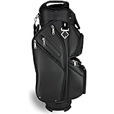 REVCORE Luxury Golf Cart Bag, Premium Synthetic Leather, 14 Way Dividers, Black Alloy Hardware, 9 Pockets w/2 Insulated Cooler Pockets, 2 Felt-Lined Valuable & Oversized Putter Well & Rain Hood
