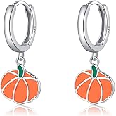 Reffeer Solid 925 Sterling Silver Pumpkin Hoop Dangle Earrings for Women Teens Cute Halloween Dangle Earrings Color Pumpkin Earrings