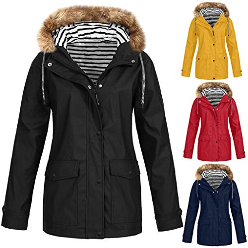Women Casual Long Sleeve Pure Color Thickening Fur Collar Outdoor Hoodie Waterproof Windproof Overcoat Lady Coat Outwear Jacket Overcoat Tops (S-5XL) - Thumbnail 3