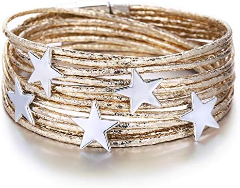 Multi-Layer Leather Wrap Bracelet - Star Braided Cuff Bangle Handmade Magnetic Clasp Bracelet Jewelry for Women,Girl Gift