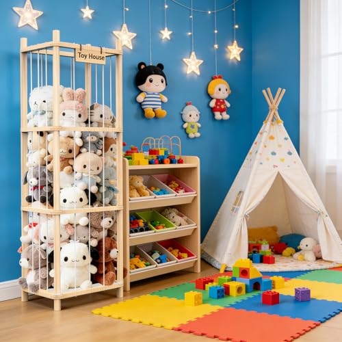 Stuffed Animal Organizer with Elastic Band, Zoo Plush Toy Storage Holder for Nursery, Toddler Room, Playroom, Bedroom, Wooden 40 * 40 * 136Cm