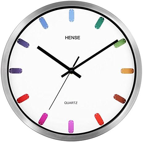 HENSE Modern Non Ticking Silent Quartz Analog Wall Clock 12-inch Simple Concise Metal Frame Round Wall Clock with Multicolored Hour Track Scales HW58 (Silver)