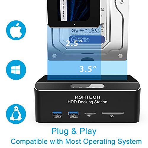 RSHTECH USB 3.0 to SATA Hard Drive Docking Station SD TF Card Reader 2 USB 3.0 Ports 2.5 3.5 inch External SATA HDD SSD, Tool Free Automatic Sleep Function