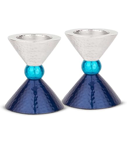 Zion Judaica – Juego De Candelabros Modernos Con Forma De Cilindro Azul Real De Shabat De 5 Pulgadas Elegante Candelabro Grabado Shabbos Kodesh