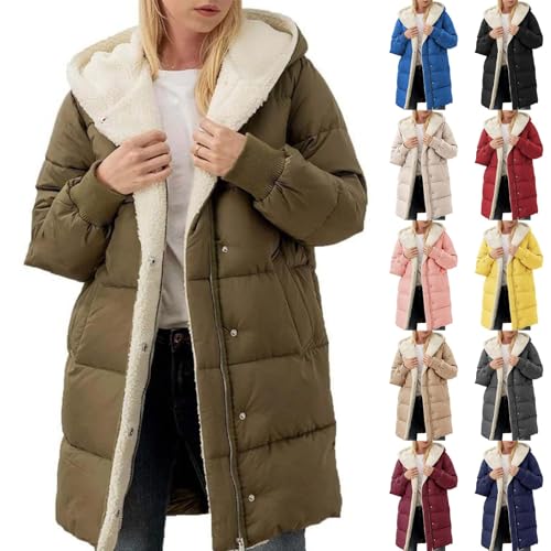 Winter Coats For Women Uk Fleece Lined Quilted Jacket Womens With Hood Solid Color Full Zip Parka Coat Waterproof Comfortable Warm Long Sleeve Down Jacket Plus Size Outerwear Overcoat With Pockets