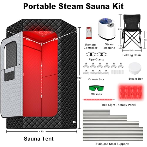 iTHERAU Portable Home Infra.red Sauna Box, 2-Panel Red Light Steam Sauna Tent, Personal Full Body Steam Room with Dual 660nm & 880nm Red Light Lamp, 3L 1200W Steamer, 15 Levels Heat, Folding Chair