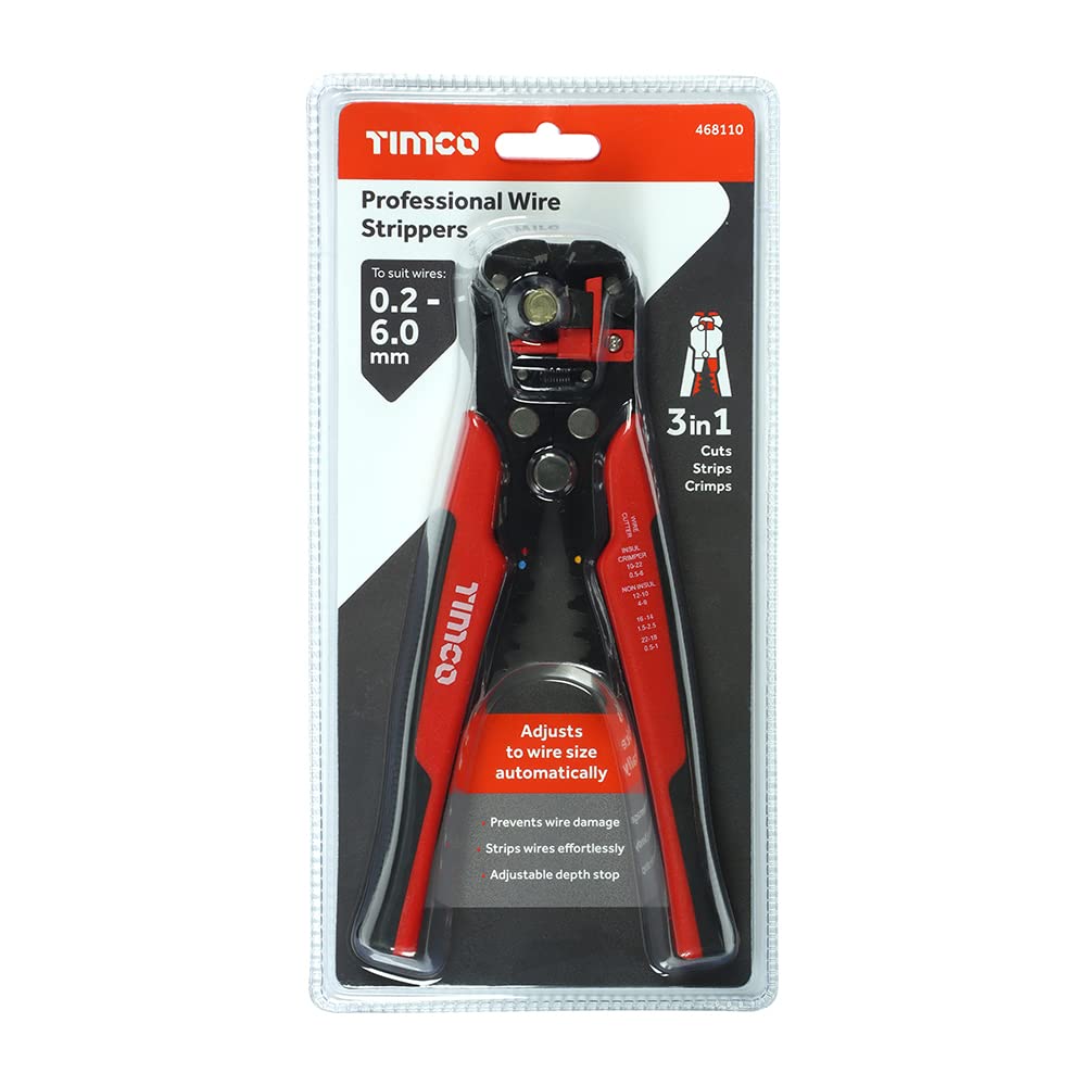 TIMCO Professional Wire Strippers - 3 in 1 Cuts, Strips & Crimps - High Performance Multi-Functional Wire Strippers - for use with Flat or Round Cable and Wire - 8"