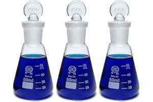 50ml Narrow Mouth Glass Erlenmeyer Flask with Ground Glass Stopper, 3.3 Borosilicate Glass Graduated Flask with Printed Graduation, HUAOU, Pack of 3