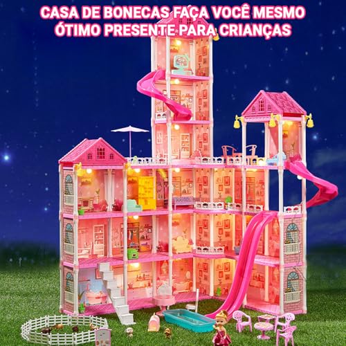 Casa de Boneca, 128cm*70cm*50cm, Casinha de Boneca, Castelo Da Princesa 364 Peças, 6º Andar, 19 Quartos, 2 Varandas com Pasto