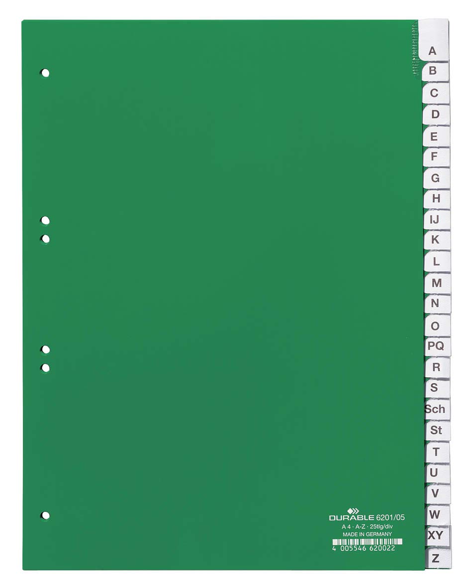 Durable A-Z Index Set 20 Part File - Includes Green Cover Sheet & 20 Dividers - Suitable For A4 Documents - Dimensions 297 x 215/230mm