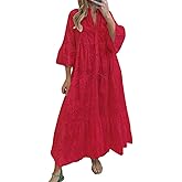 chouyatou Women's 2026 Lace Eyelet Embroidery Maxi Dress V-Neck Trumpet Sleeve Boho Flowy Swing Dress