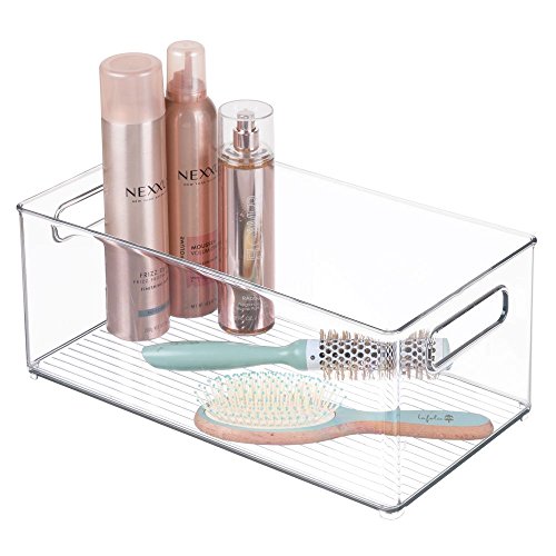 mDesign Stackable Deep Plastic Storage Bin Tote with Handles for Organizing Cosmetics, Makeup Palettes, Body Wash, First Aid, Vitamins, Supplements, Hair Styling Accessories - Clear