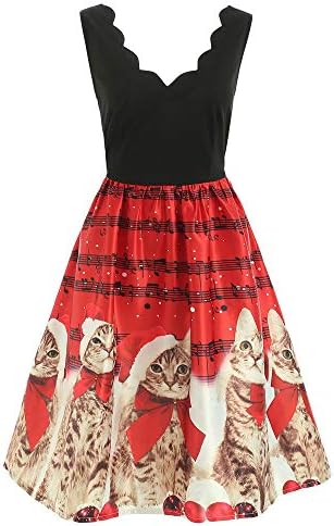 Womens Vintage Sleeveless Party Dress Sexy V-Neck Christmas Cats Musical Notes Print A-Line Flared Evening Dress