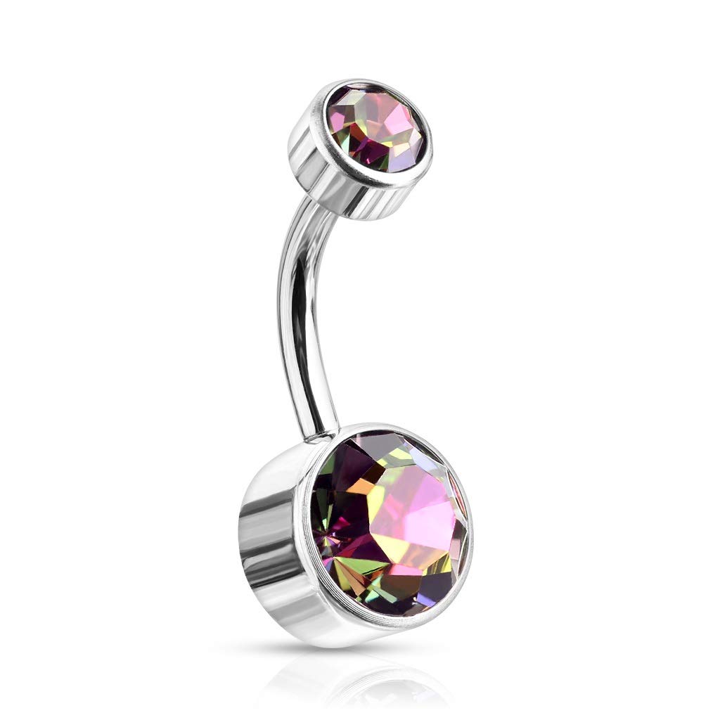 PiercedOff Titanium Belly Bar with Internally Threaded Round Vitrail Medium Crystal - Thickness 14GA (1.6mm) / Length 10mm / Ball Sizes 4mm Top and 6mm Bottom